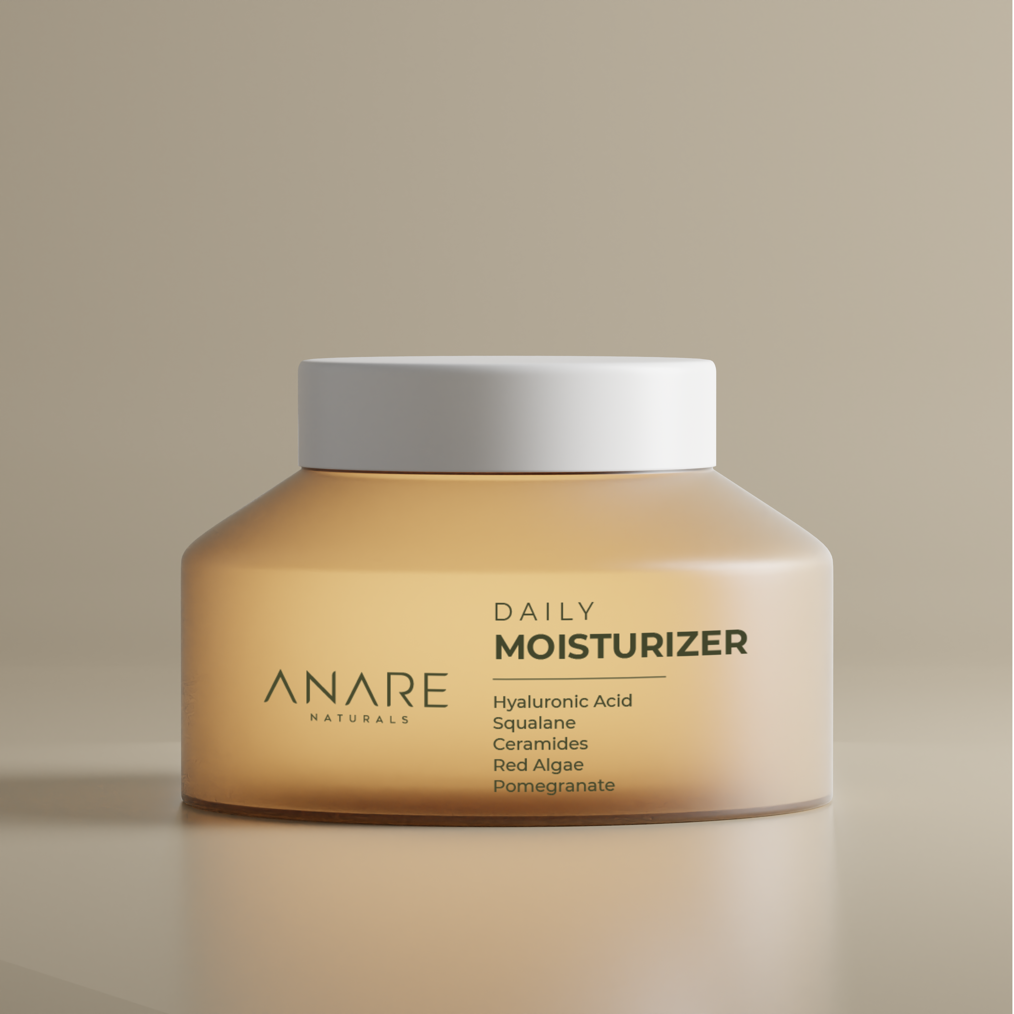 Daily Moisturizer in a sleek glass jar, displayed in a clear, sand-colored space, highlighting its minimal and refreshing skincare design.