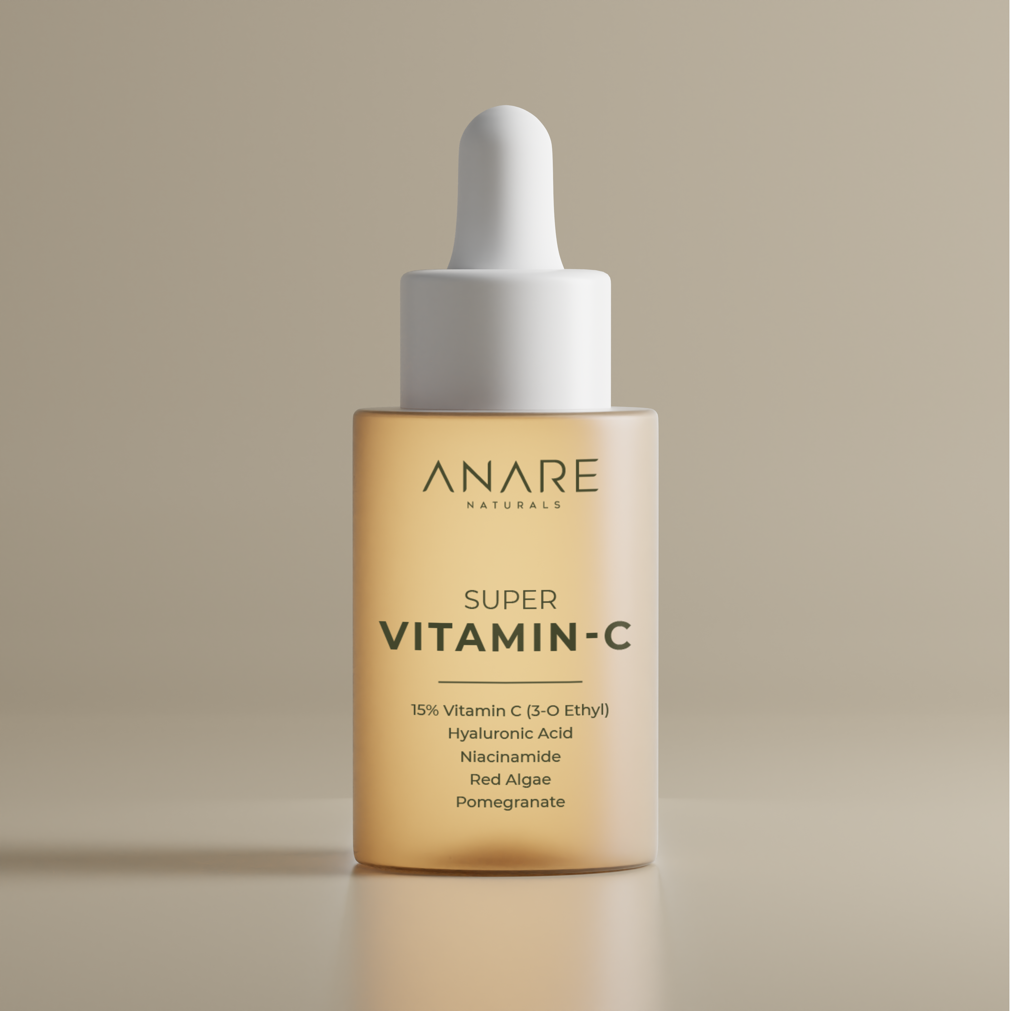 Super Vitamin C in a sleek glass dropper bottle, displayed in a clear, sand-colored space, highlighting its minimal and refreshing skincare design.