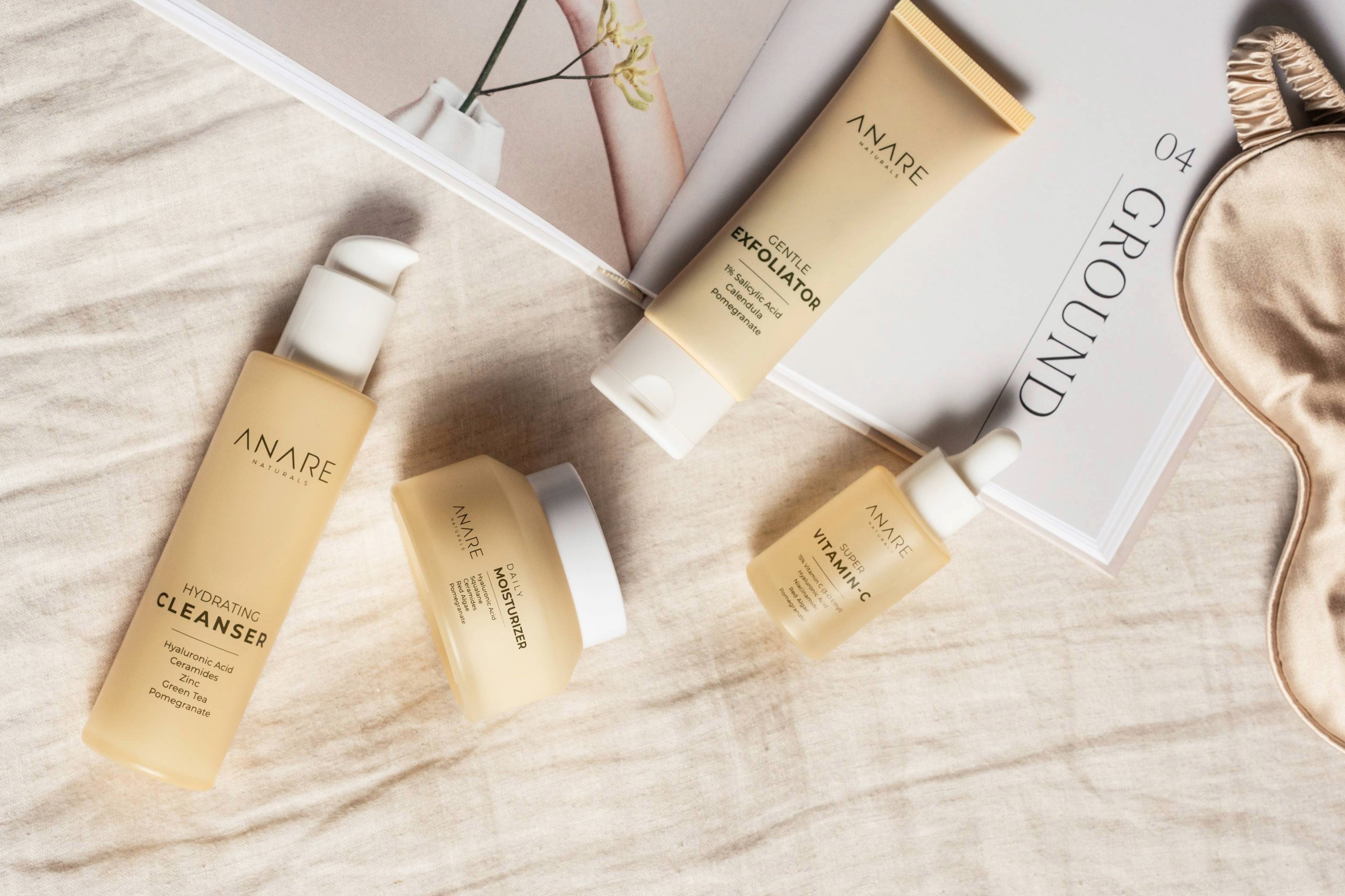 Anare Naturals skincare set with a cleanser, exfoliator, Serum and moisturizer for healthy and radiant skin.